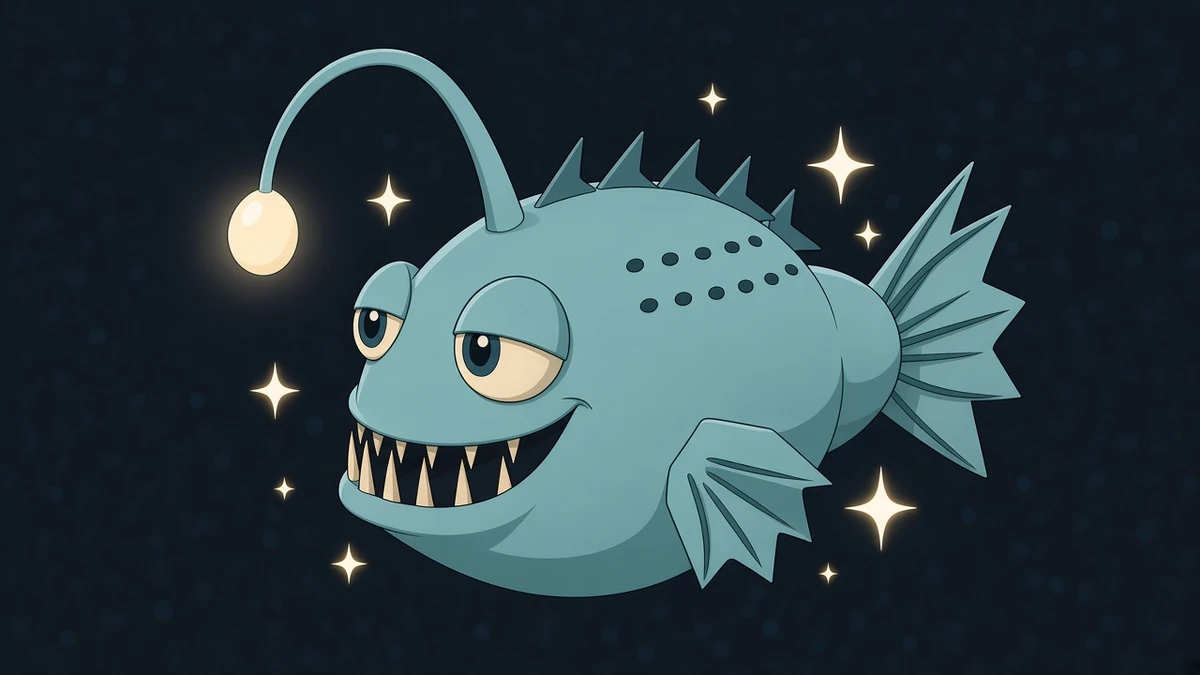 Lurker the anglerfish on a small film set, holding a clapper, with a film reel and a storyboard nearby.
