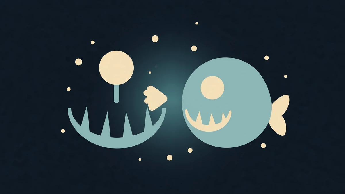 Skip and Buster at night on a dock: a teal anglerfish with a lure, and a round orange companion.